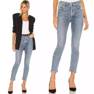AGOLDE Nico High Rise Slim Fit Chewed Hem Distressed Denim Jeans In Rooted 25
